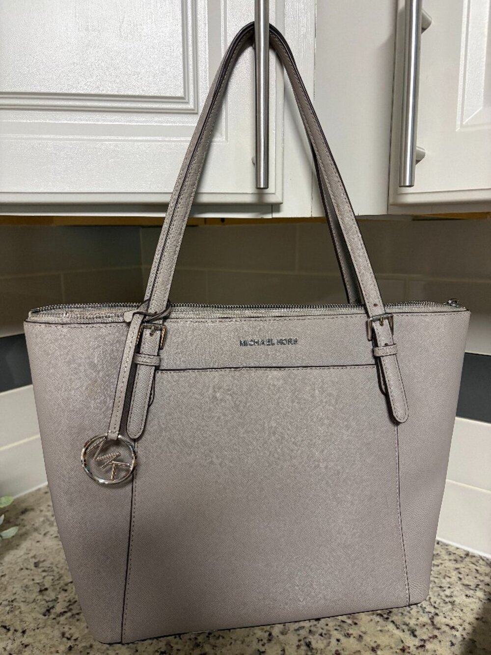 Michael Kors Charlotte Large Saffiano Leather Tote Grey Silver HW